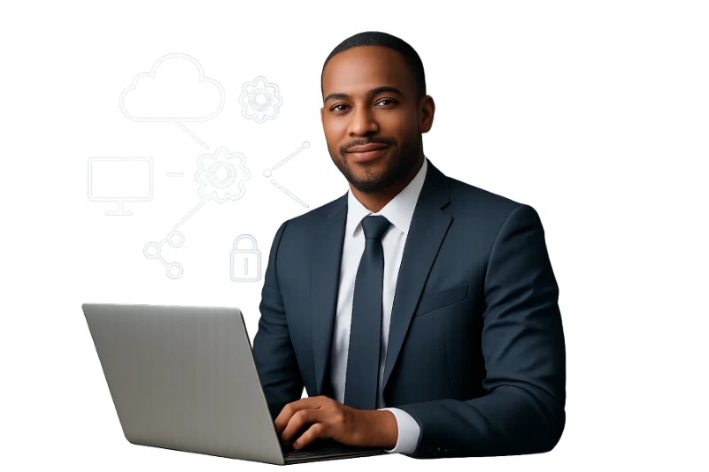 African professional in business suit using laptop with digital icons, representing Crestech web design and SEO services in Johannesburg, South Africa